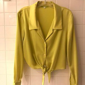 Beautiful Chartreuse cropped satin-look blouse with front tie